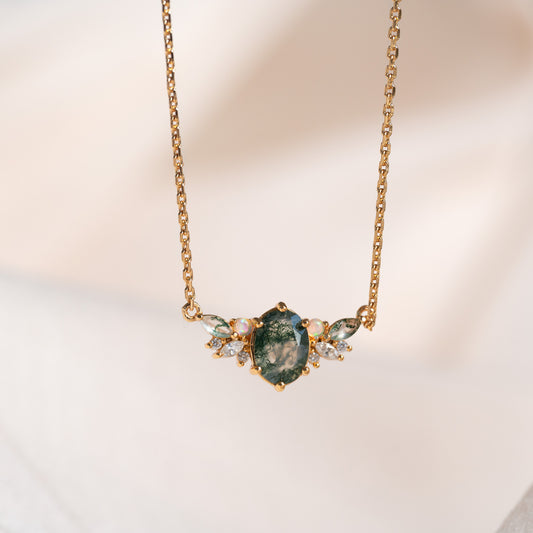 Clara Natural Moss Agate Necklace 14K Gold Vermeil