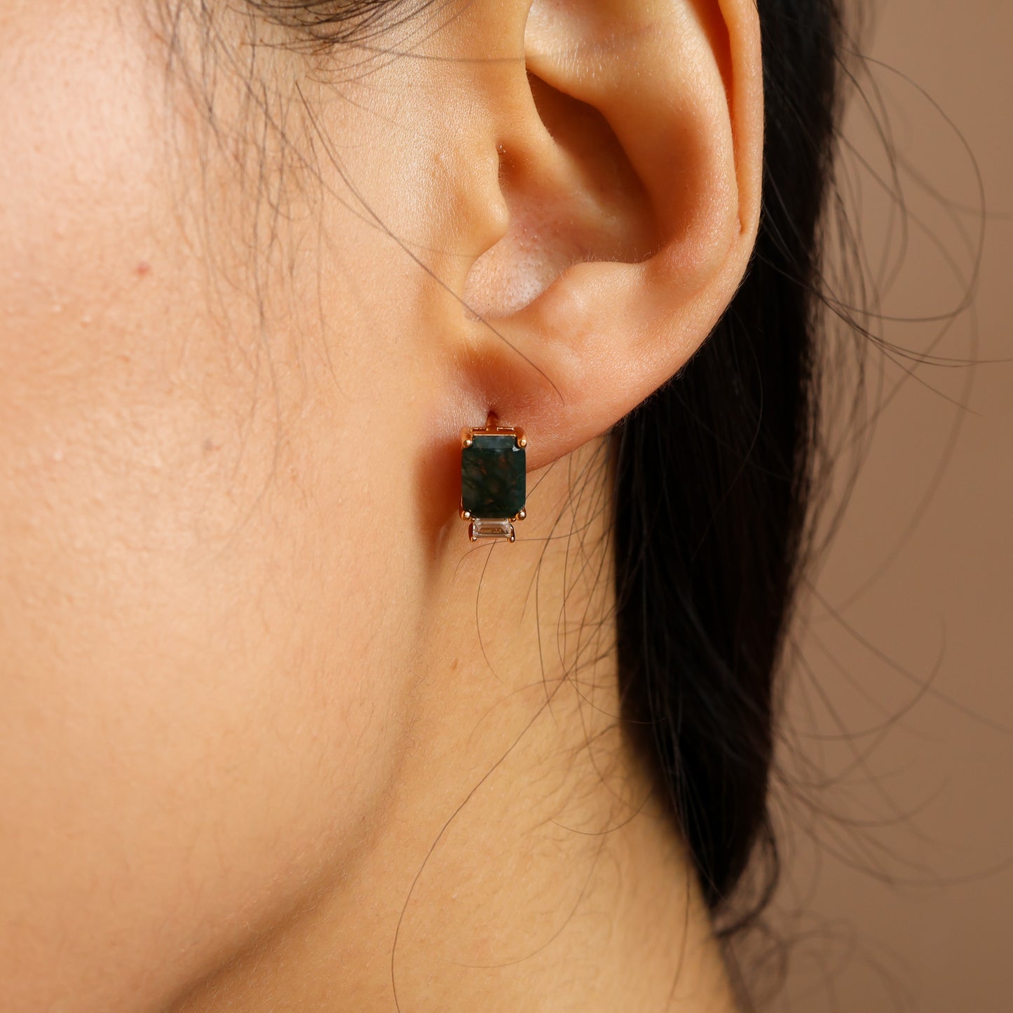 Dewdrop Moss Agate Huggie Earrings 14K Gold Vermeil