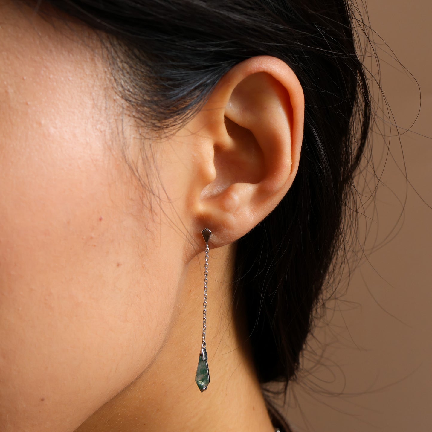 Moss Agate Long Silver Earrings Art Deco