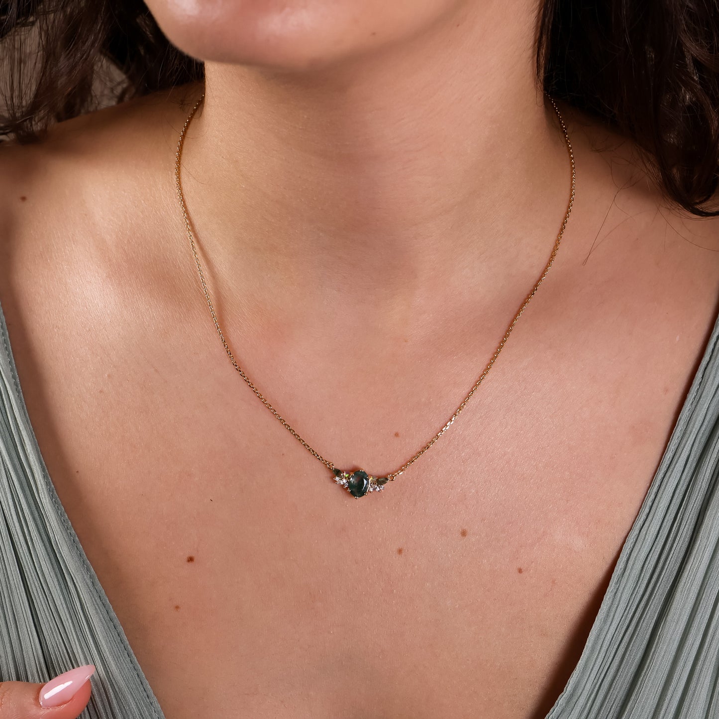 Clara Natural Moss Agate Necklace 14K Gold Vermeil