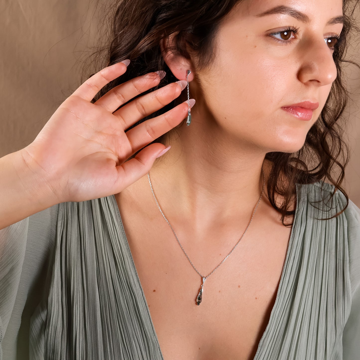 Moss Agate Long Silver Earrings Art Deco