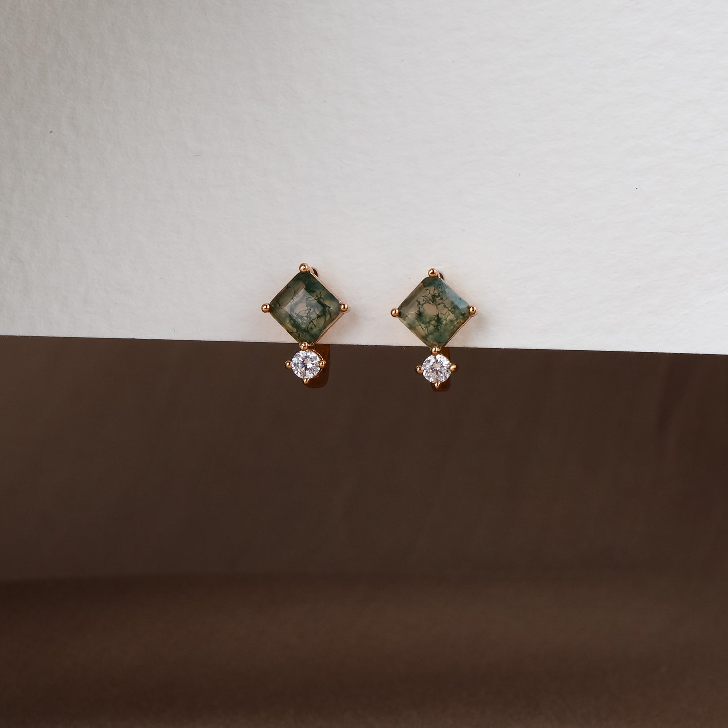 Dewdrop Moss Agate Huggie Earrings 14K Gold Vermeil