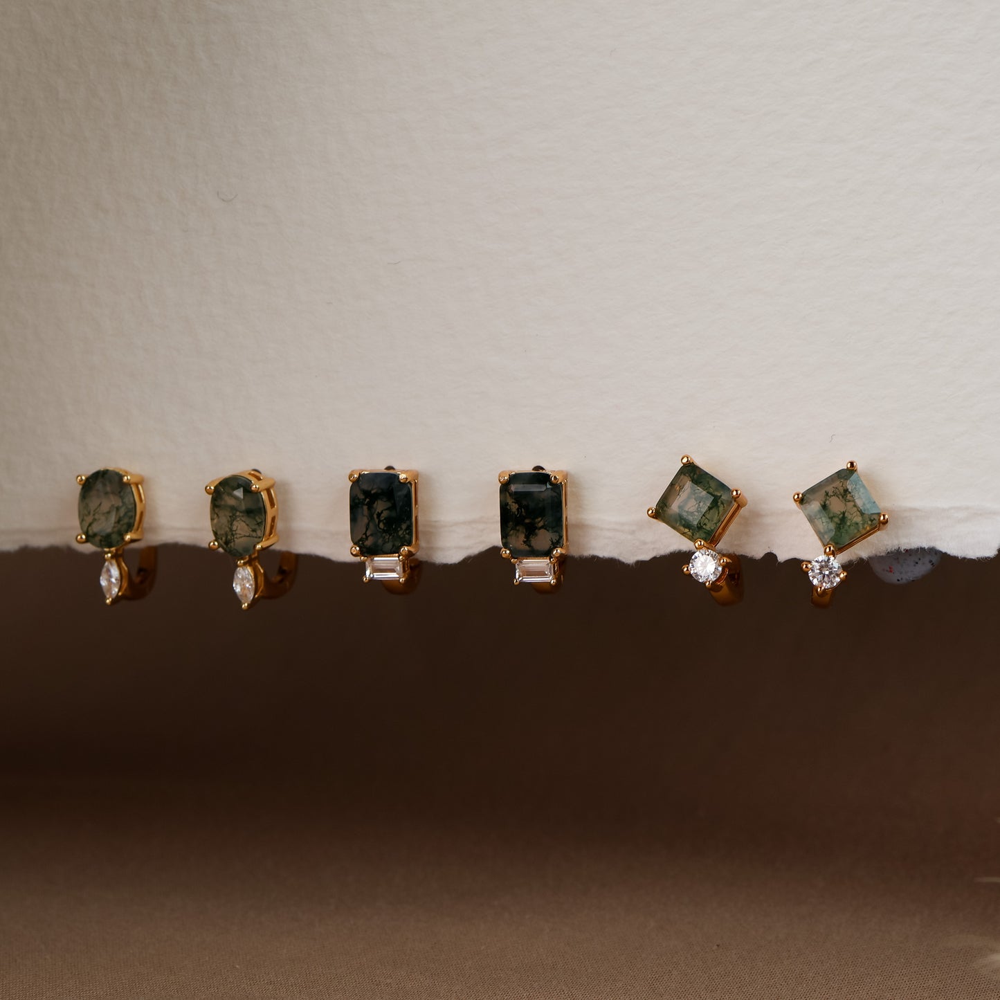Dewdrop Moss Agate Huggie Earrings 14K Gold Vermeil