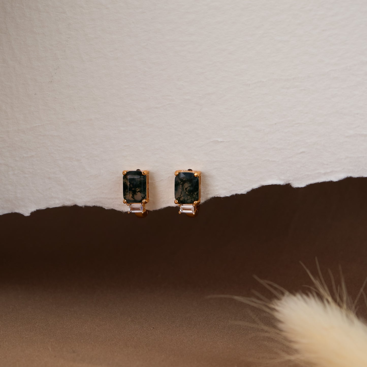 Dewdrop Moss Agate Huggie Earrings 14K Gold Vermeil