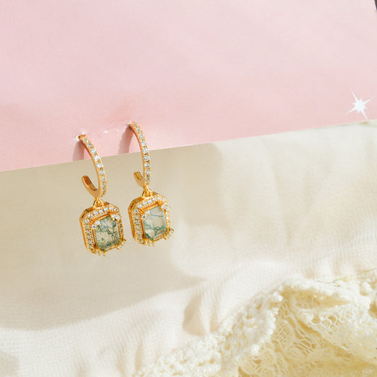 Moss Agate Gold Hoop Earrings