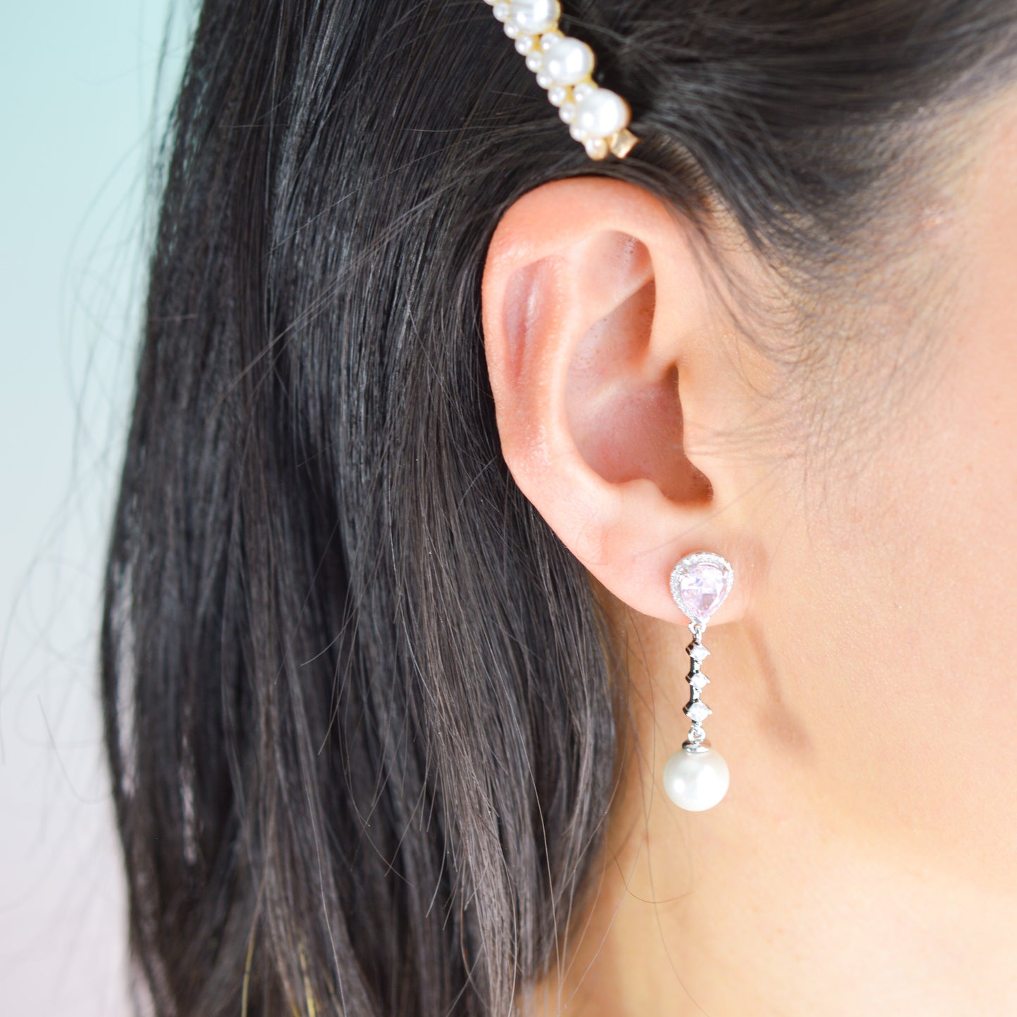 Diamond and Pearl Silver Drop Earrings