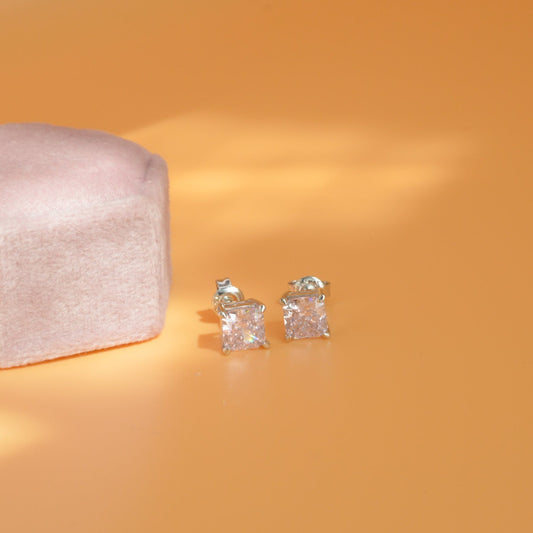 Pink Princess Cut Stud Earrings