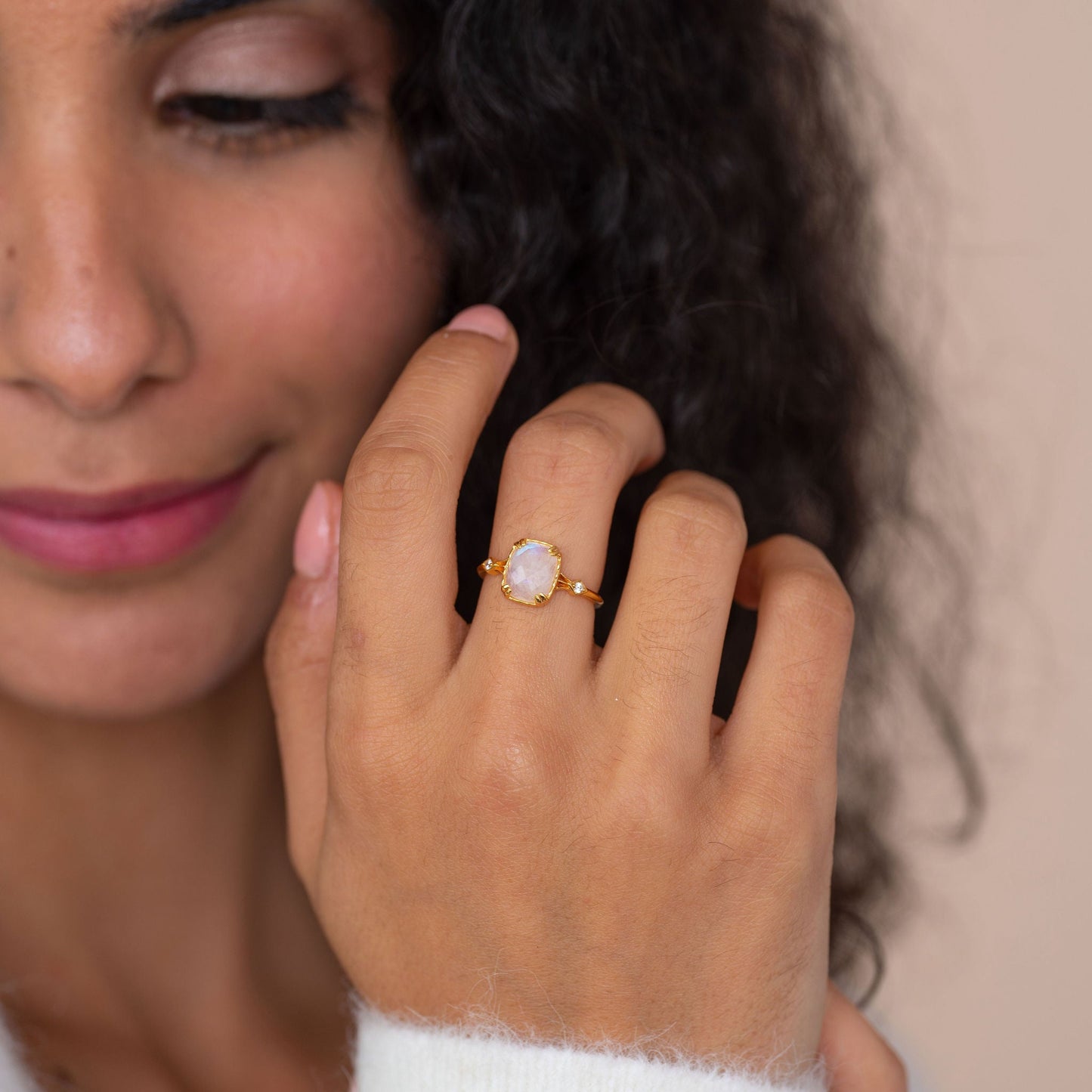 Solid Gold Cleopatra Moonstone Art Deco Ring