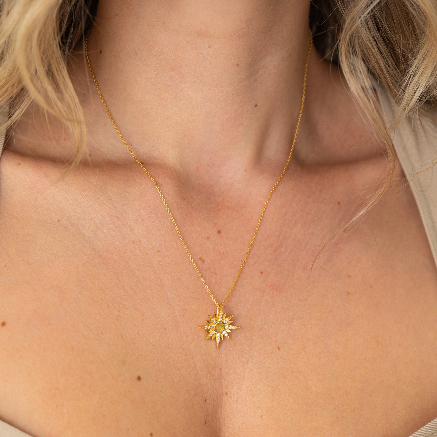 Natural Opal Starburst Gold Necklace - Sterling Silver