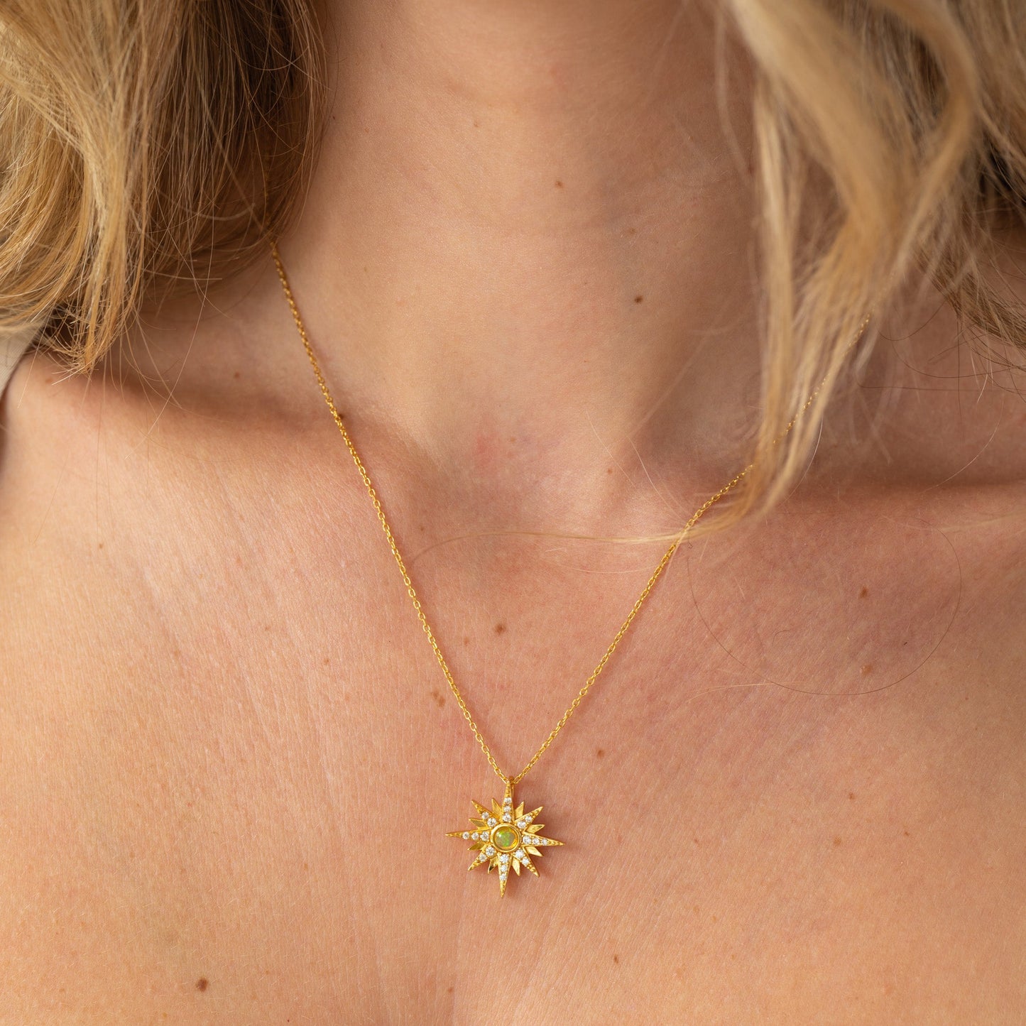 Natural Opal Starburst Gold Necklace - Sterling Silver